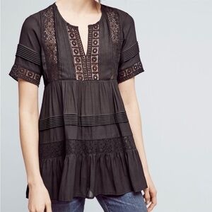 Anthropologie Maeve Lace Tiered Tunic Top Pintuck Peasant Large Romantic Boho